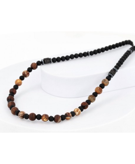 Męski naszyjnik kamienie naturalne jaspis lawa wulkaniczna