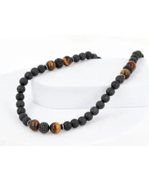 Męski naszyjnik kamienie naturalne tygrysie oko lawa wulkaniczna