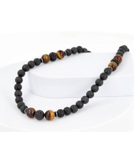 Męski naszyjnik kamienie naturalne tygrysie oko lawa wulkaniczna