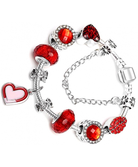 Bransoletka modułowa srebrna z czerwienią i sercem