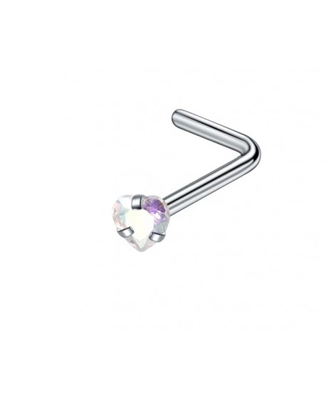 Kolczyki stal skręt L do nosa z cyrkonią serce opal