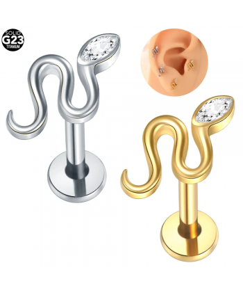 Labret tytan złoty srebrny wąż z cyrkonią łezka 1.2*8mm helix stud