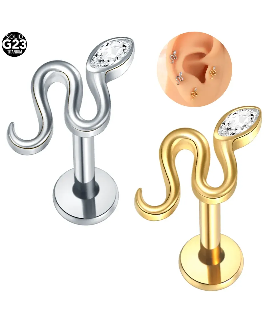 Labret tytan złoty srebrny wąż z cyrkonią łezka
