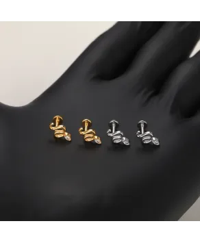 Labret tytan złoty srebrny wąż z cyrkonią łezka