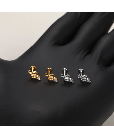 Labret tytan złoty srebrny wąż z cyrkonią łezka 1.2*8mm helix stud