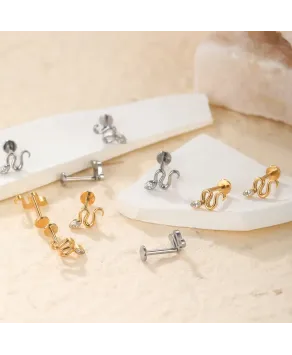 Labret tytan złoty srebrny wąż z cyrkonią łezka