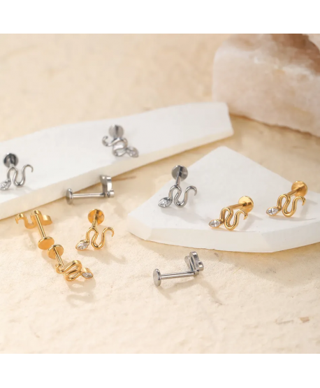 Labret tytan złoty srebrny wąż z cyrkonią łezka 1.2*8mm helix stud