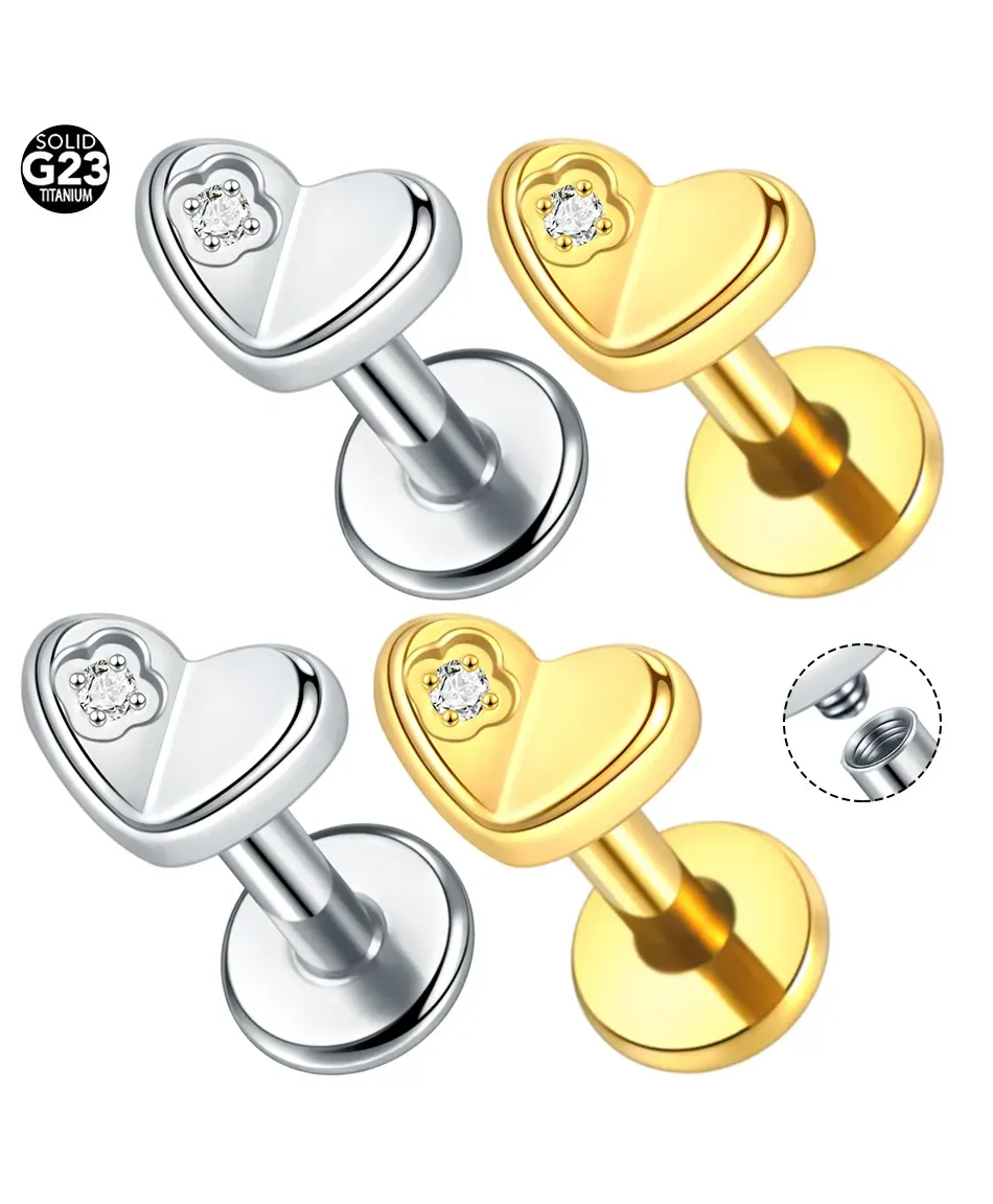 Labret tytan srebrny złoty serduszko