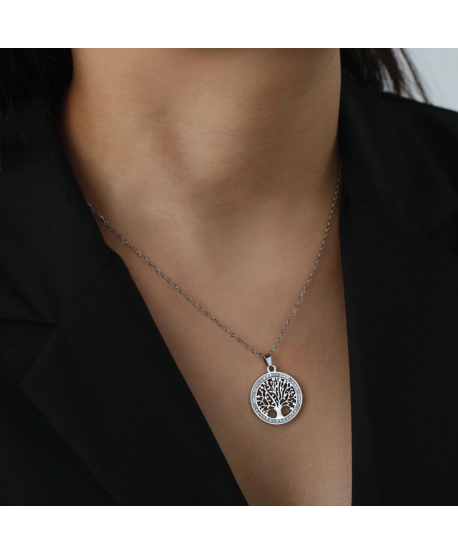 Naszyjnik stal srebrny z drzewkiem szczęścia z cyrkoniami