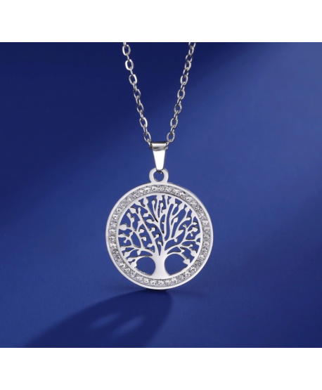 Naszyjnik stal srebrny z drzewkiem szczęścia z cyrkoniami