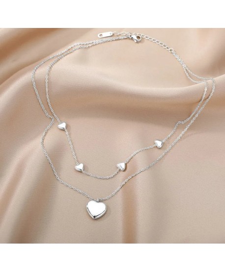 Naszyjnik stal srebrny podwójny serduszka pompowane