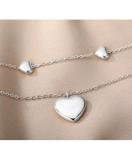 Naszyjnik stal srebrny podwójny serduszka pompowane