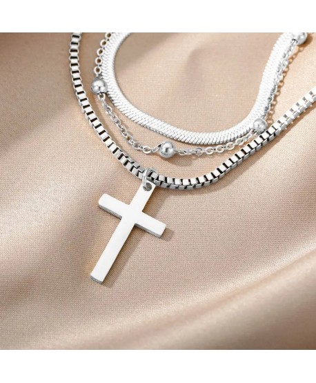 Naszyjnik stal srebrny potrójny żmijka krzyż