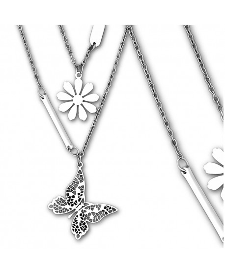 Naszyjnik stal srebrny podwójny kwiatuszek i motylek