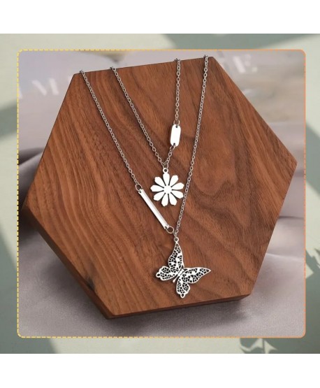 Naszyjnik stal srebrny podwójny kwiatuszek i motylek