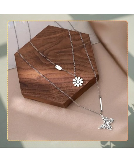 Naszyjnik stal srebrny podwójny kwiatuszek i motylek