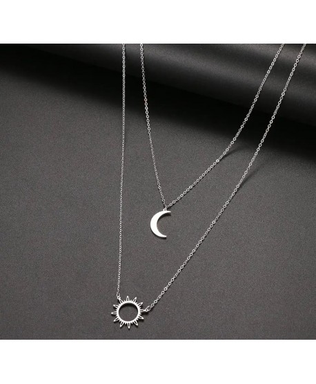 Naszyjnik stal srebrny podwójny słońce i ksieżyc