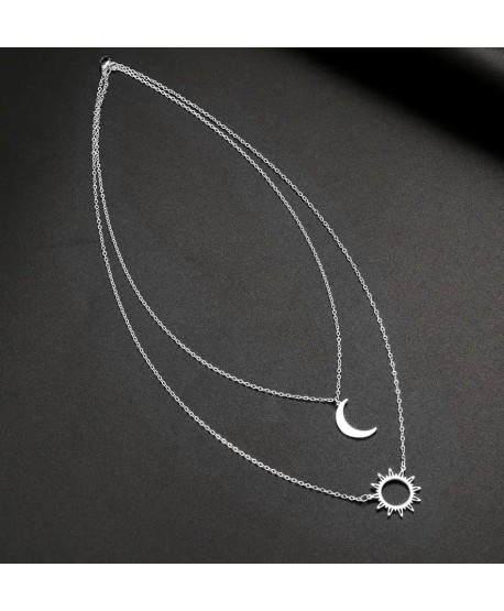 Naszyjnik stal srebrny podwójny słońce i ksieżyc