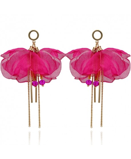 Kolczyki materiałowe jedwabne kwiaty fuksja