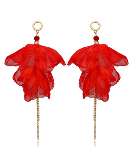 Kolczyki materiałowe jedwabne kwiaty czerwień