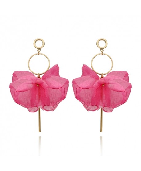 Kolczyki materiałowe jedwabne kwiaty fuksja