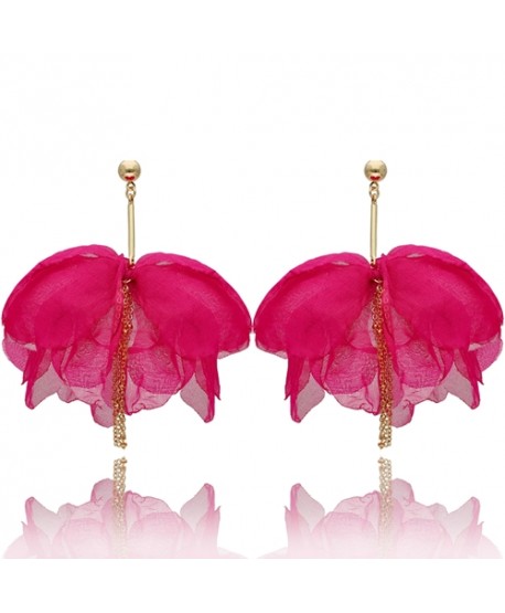 Kolczyki materiałowe jedwabne kwiaty fuksja