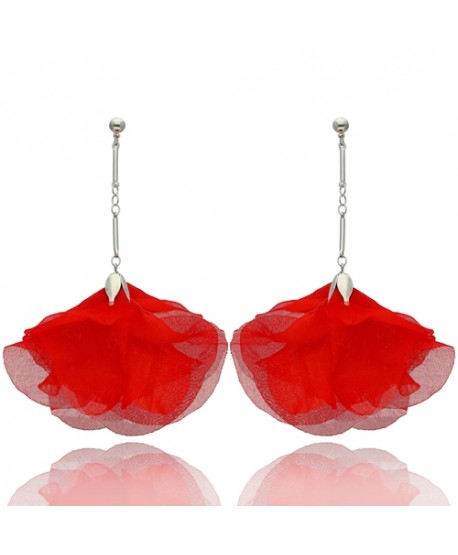 Kolczyki materiałowe jedwabne kwiaty czerwone