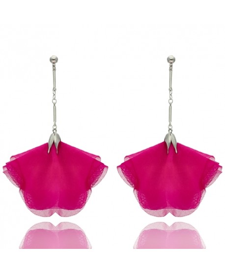 Kolczyki materiałowe jedwabne kwiaty fuksja