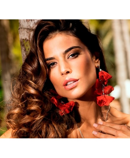 Kolczyki materiałowe jedwabne kwiaty czerwone