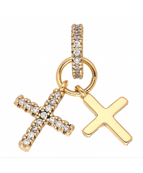 Krzyżyk stal podwójny złoty gładki i cyrkonie