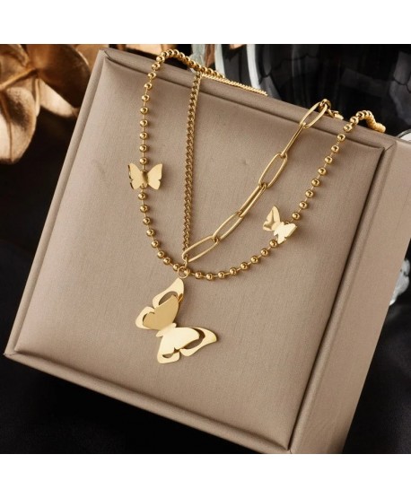 Naszyjnik stal podwójna celebrytka z motylkami