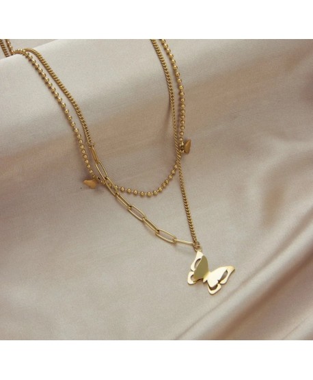 Naszyjnik stal podwójna celebrytka z motylkami