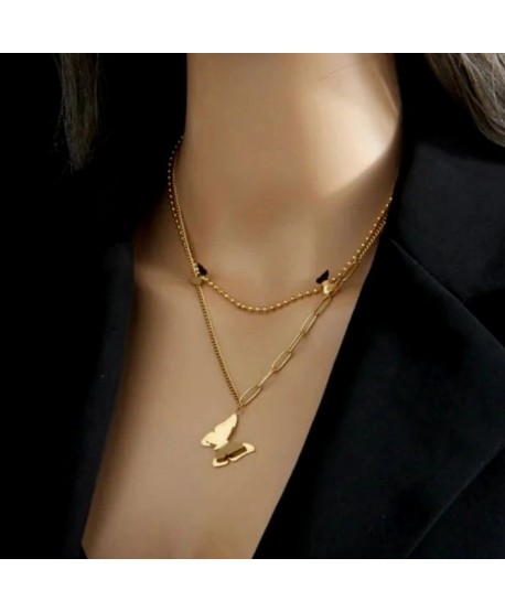 Naszyjnik stal podwójna celebrytka z motylkami