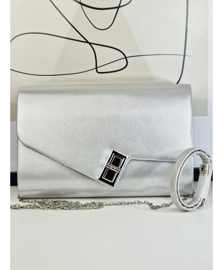 Torebka wizytowa kopertówka srebrna z zapięciem