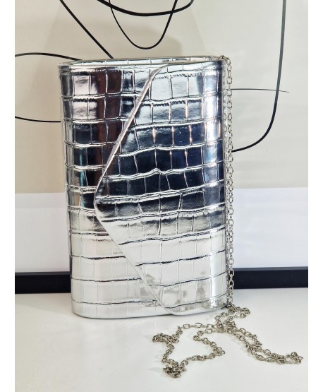 Torebka wizytowa kopertówka srebrna wężowa skórka