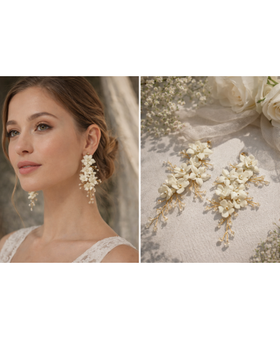 Kolczyki BOHO z kwiatami biel - złoto