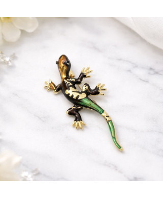 Broszka jaszczurka – emaliowana w brązie i zieleni