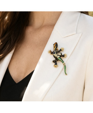 Broszka jaszczurka – emaliowana w brązie i zieleni