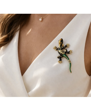 Broszka jaszczurka – emaliowana w brązie i zieleni