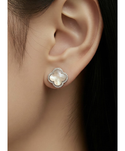 Klipsy koniczynki z masą perłową i cyrkoniami