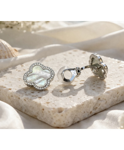 Klipsy koniczynki z masą perłową i cyrkoniami