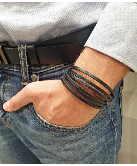 Bransoletka męska skórzana granatowa z paseczków