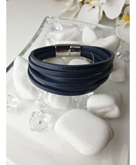 Bransoletka męska skórzana granatowa z paseczków