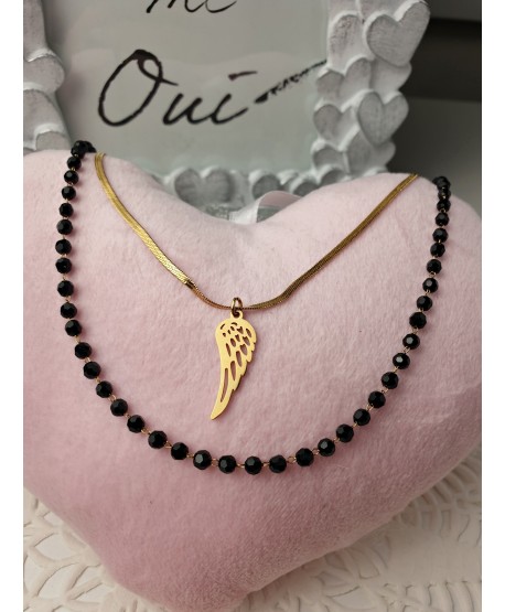 Naszyjnik stal złoty kaskadowy z czarnymi koralikami