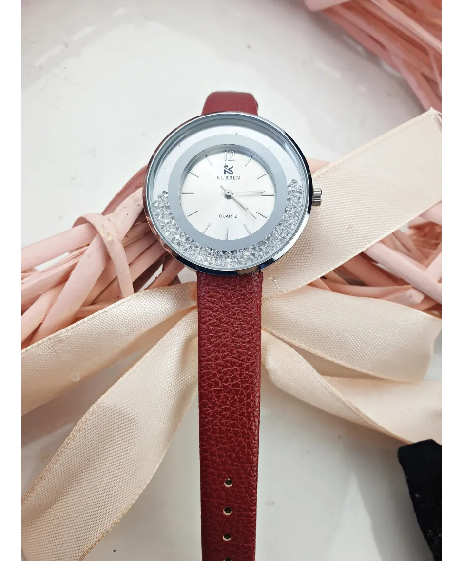 Damski zegarek bordowy z dodatkiem diamencików