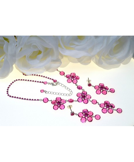 Komplet różowe kryształki w srebrnej oprawie