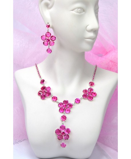 Komplet różowe kryształki w srebrnej oprawie