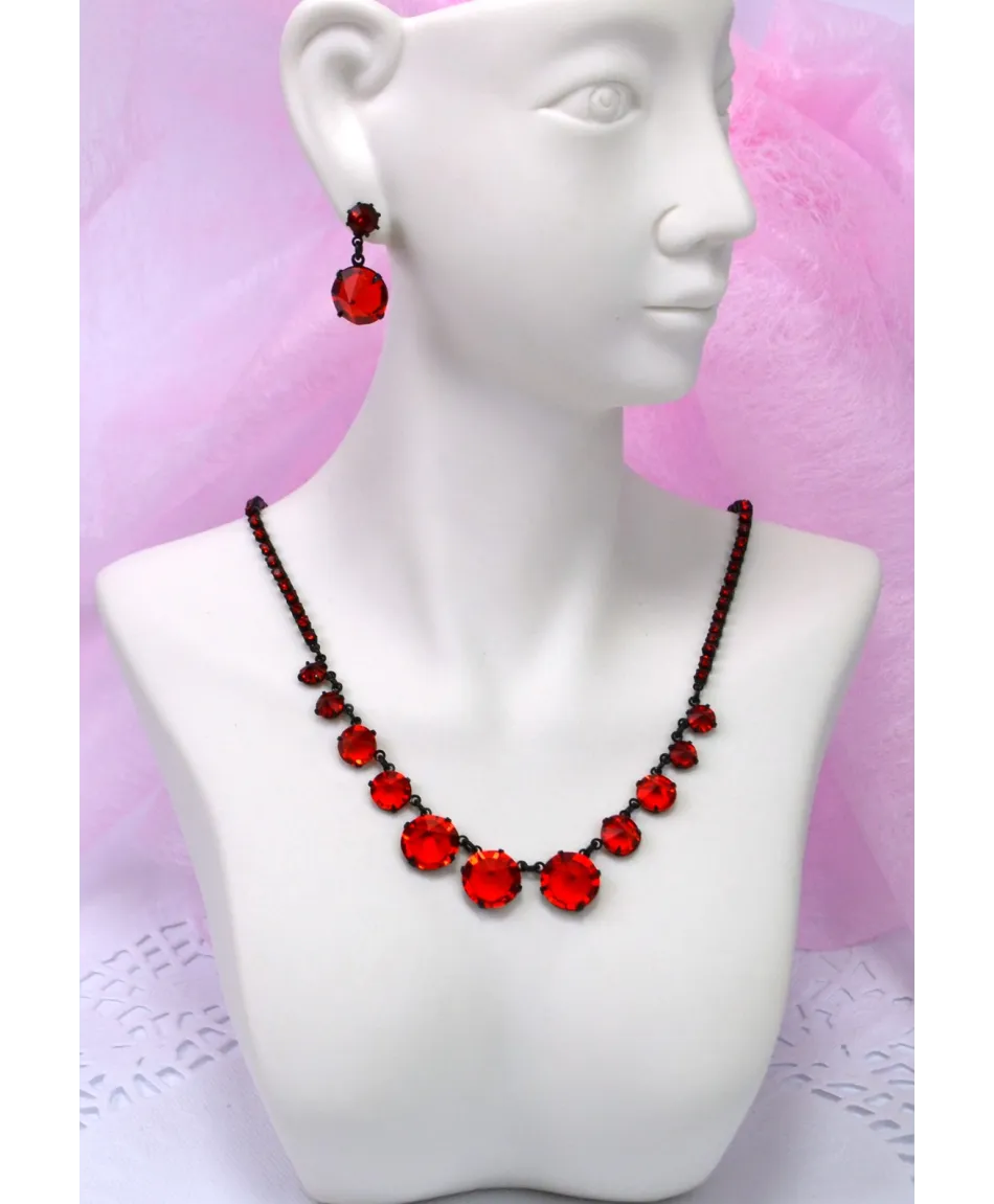 Komplet naszyjnik z kryształków czerwień w czerni