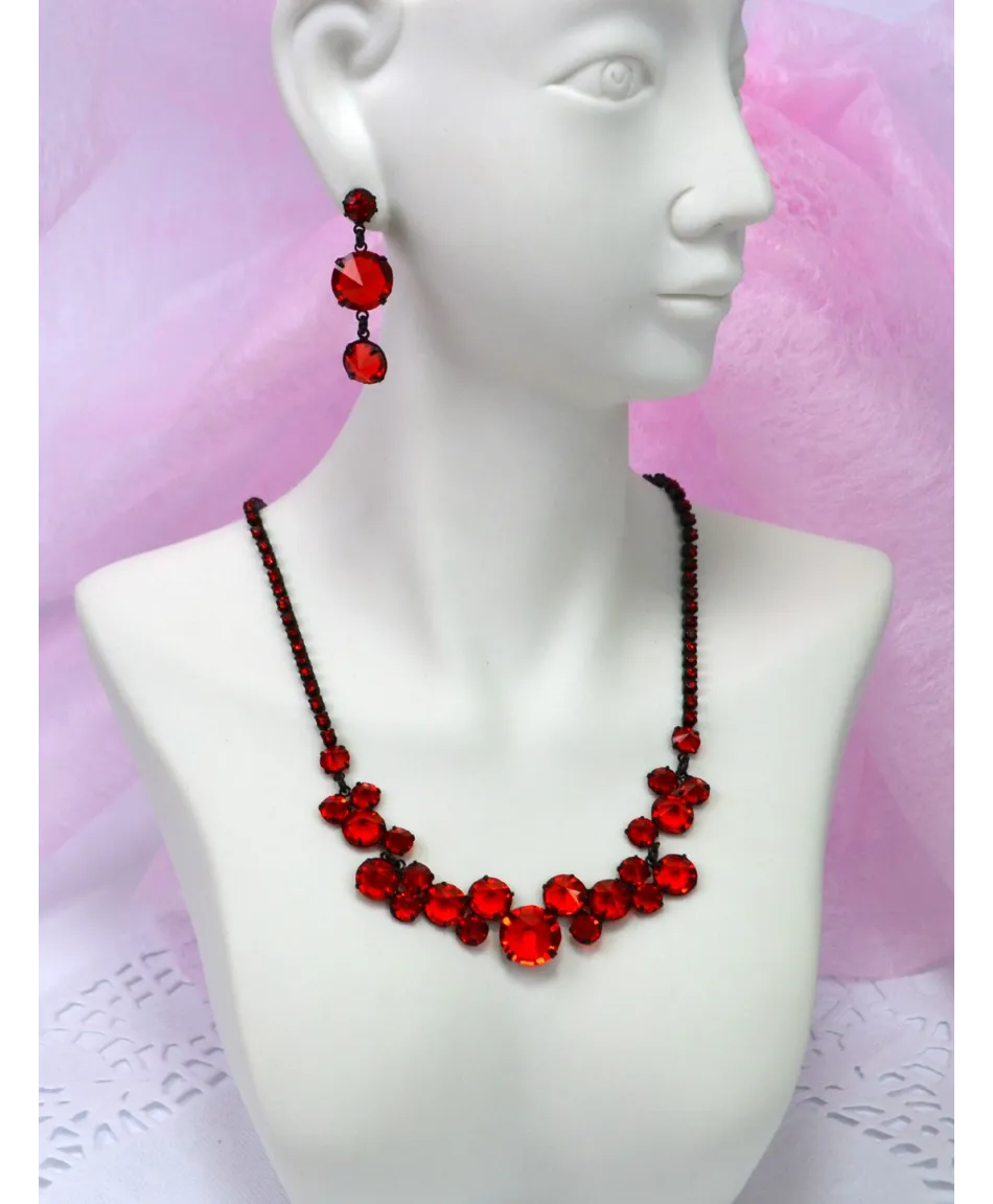 Komplet naszyjnik z kryształków czerwień w czerni