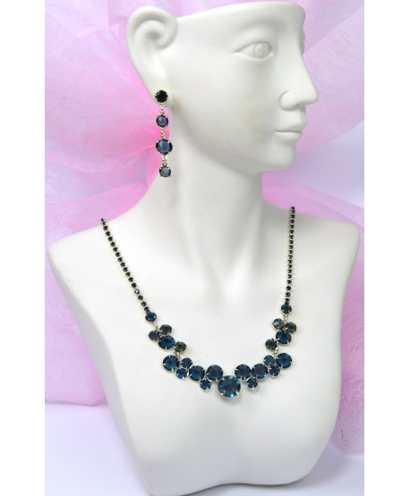 Komplet naszyjnik kolczyki granatowe kryształki w srebrze